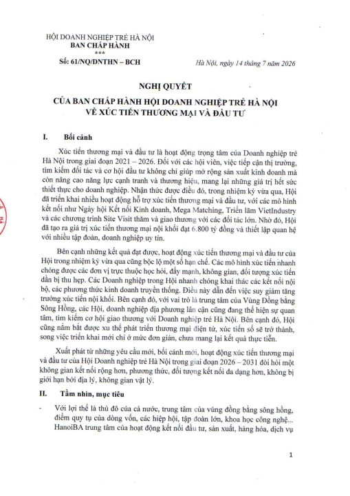 NGHỊ QUYẾT CỦA BAN CHẤP HÀNH HỘI DOANH NGHIỆP TRẺ HÀ NỘI VỀ XÚC TIẾN THƯƠNG MẠI VÀ ĐẦU TƯ