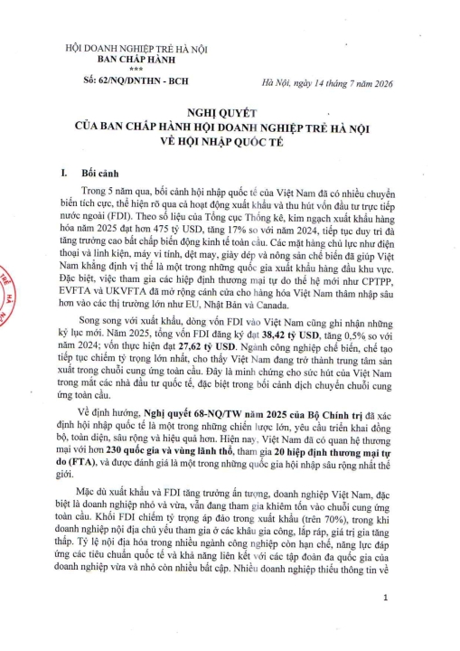 NGHỊ QUYẾT CỦA BAN CHẤP HÀNH HỘI DOANH NGHIỆP TRẺ HÀ NỘI VỀ HỘI NHẬP QUỐC TẾ
