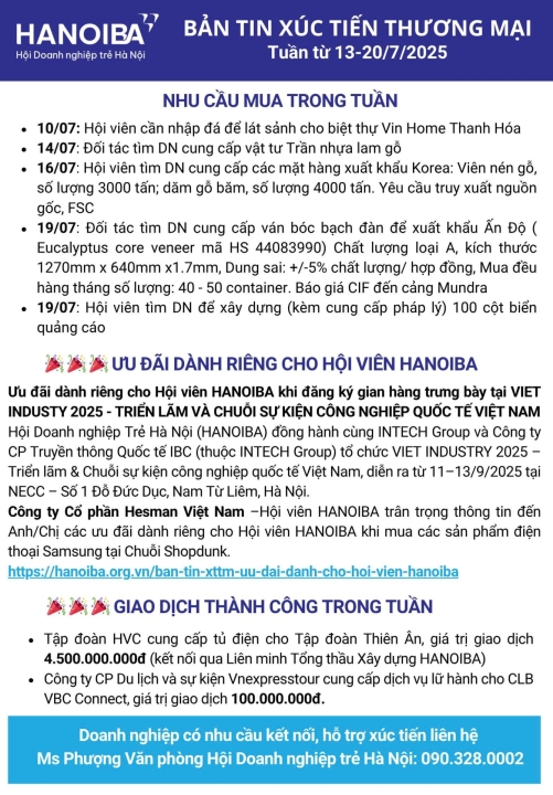 BẢN TIN XÚC TIẾN THƯƠNG MẠI HANOIBA - TUẦN 13-20/07/2025