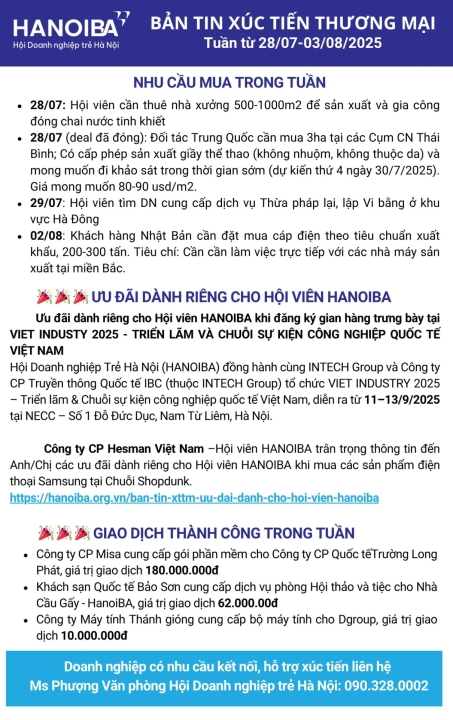 BẢN TIN XTTM HANOIBA Tuần từ 28/7-03/08/2025